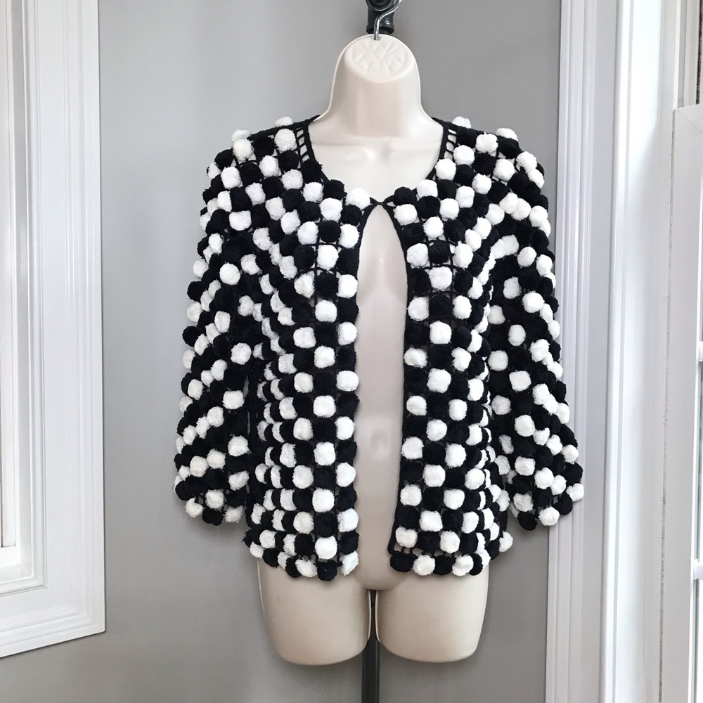 Vintage Michael Simon Black & White Pom Pom Cardigan Sweater Women’s Small RARE